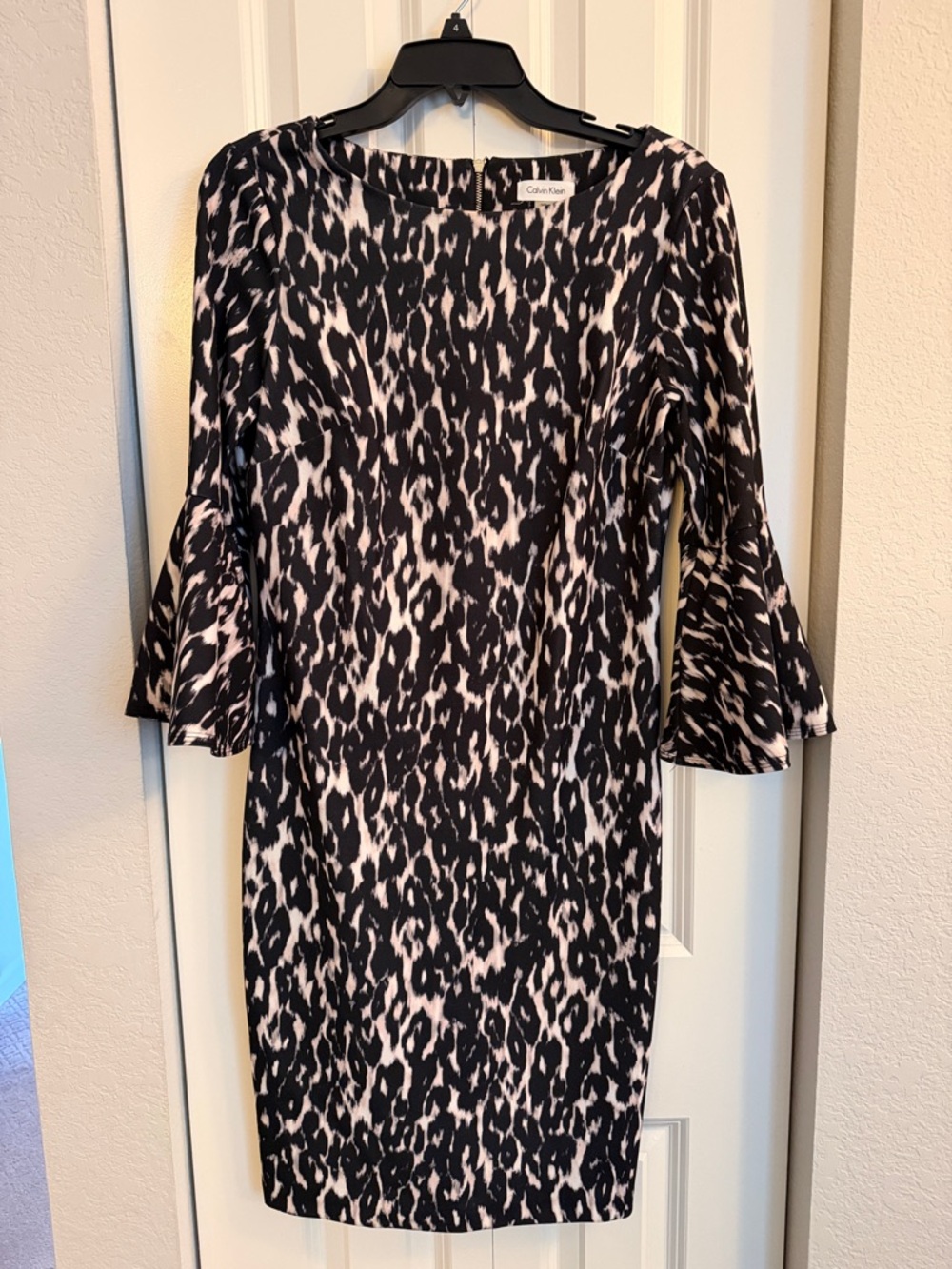 Calvin Klein Black and White Animal Print Long-Sleeve Sheath Dress